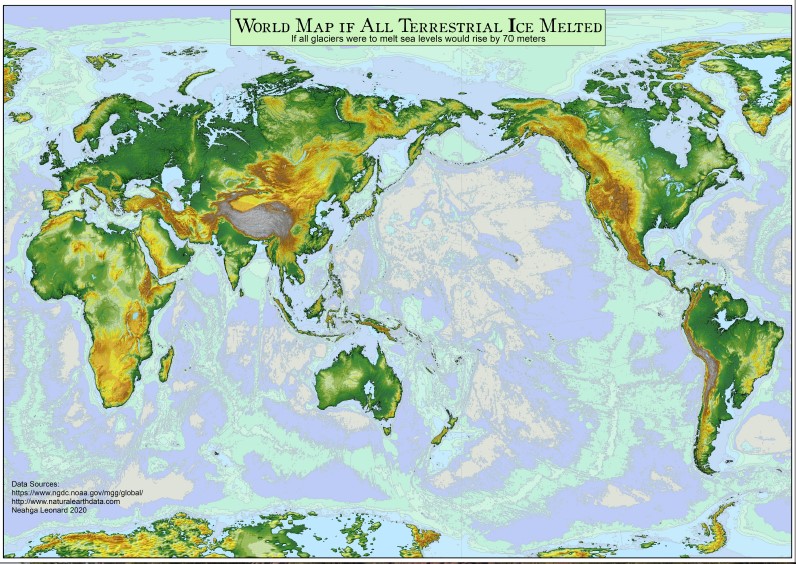 World Map if all the Terrestrial Ice Melted Poster Flat Maps, Books